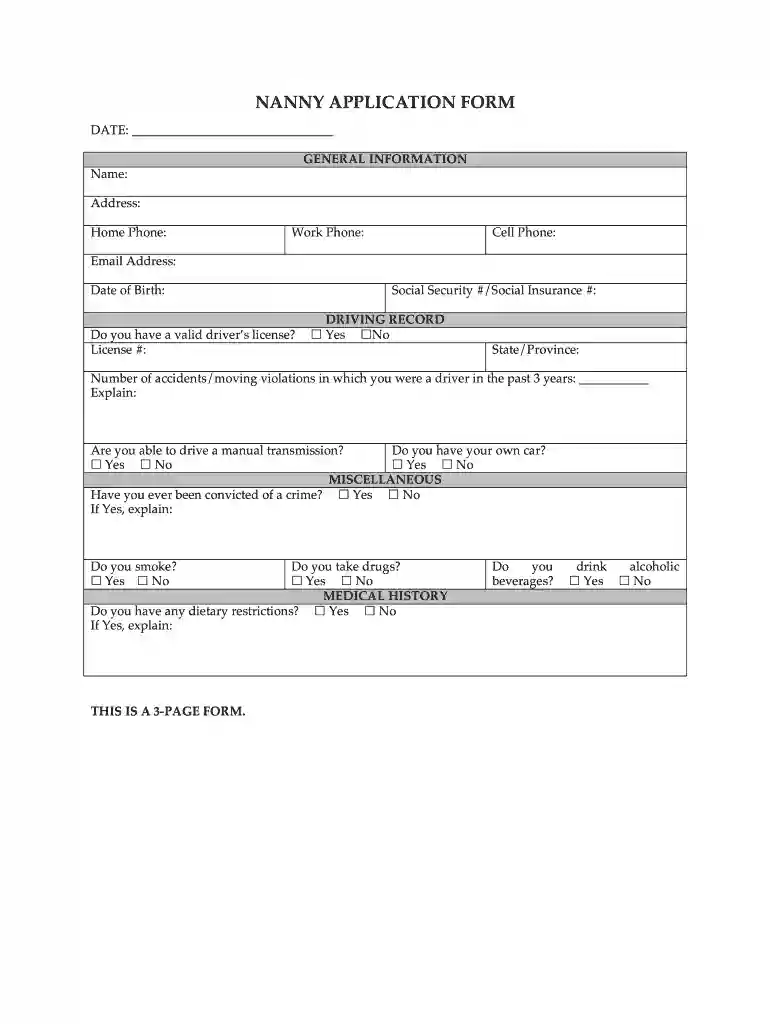 nanny application template Preview on Page 1