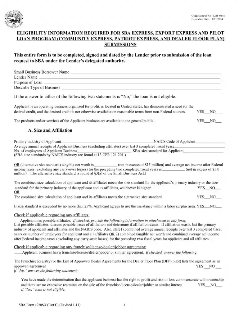 sba form 1920 fillable Preview on Page 1