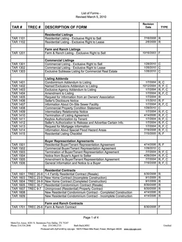 list of tar forms Preview on Page 1
