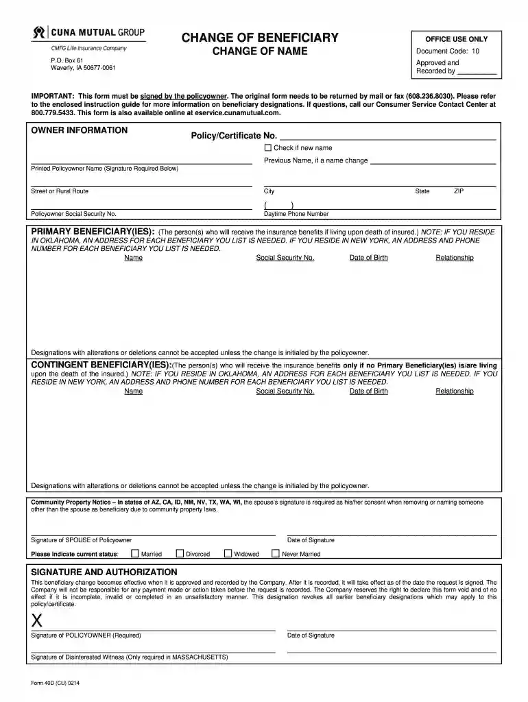 cunamutualgroupchange of beneficary requestforms Preview on Page 1