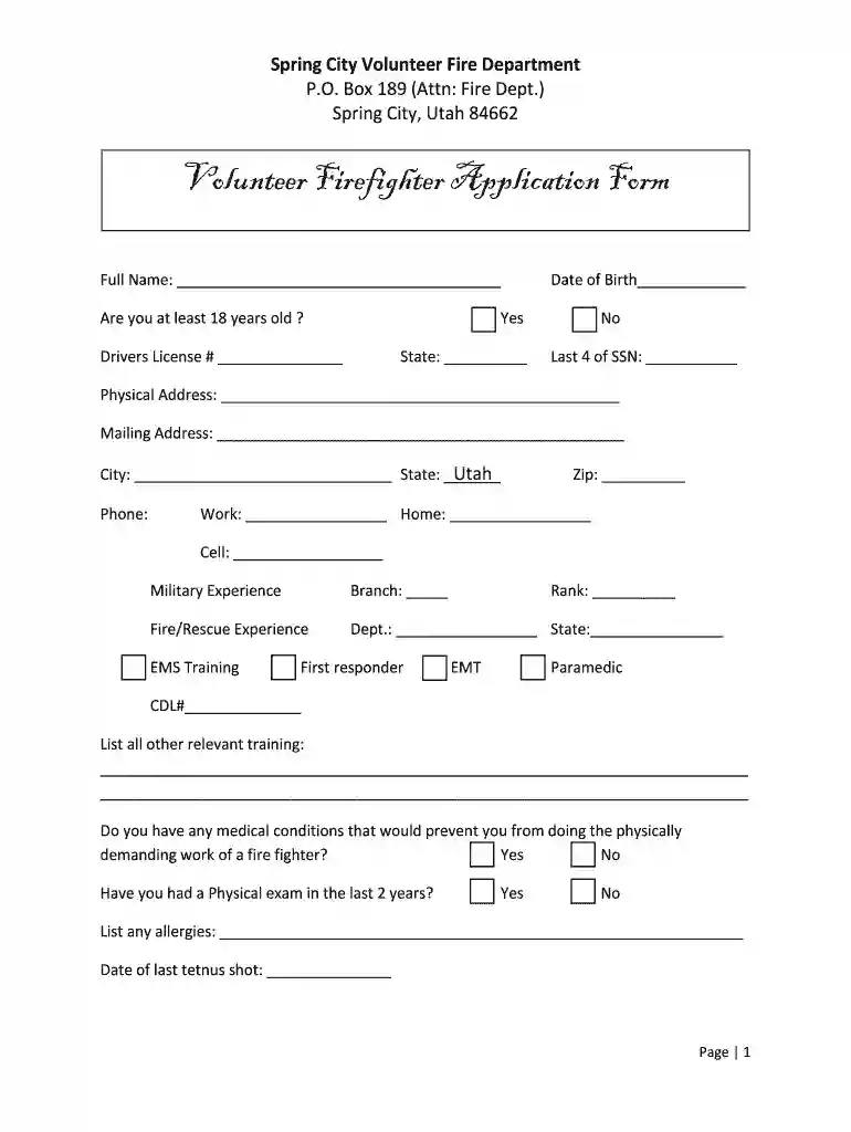 volunteer fire department application template Preview on Page 1