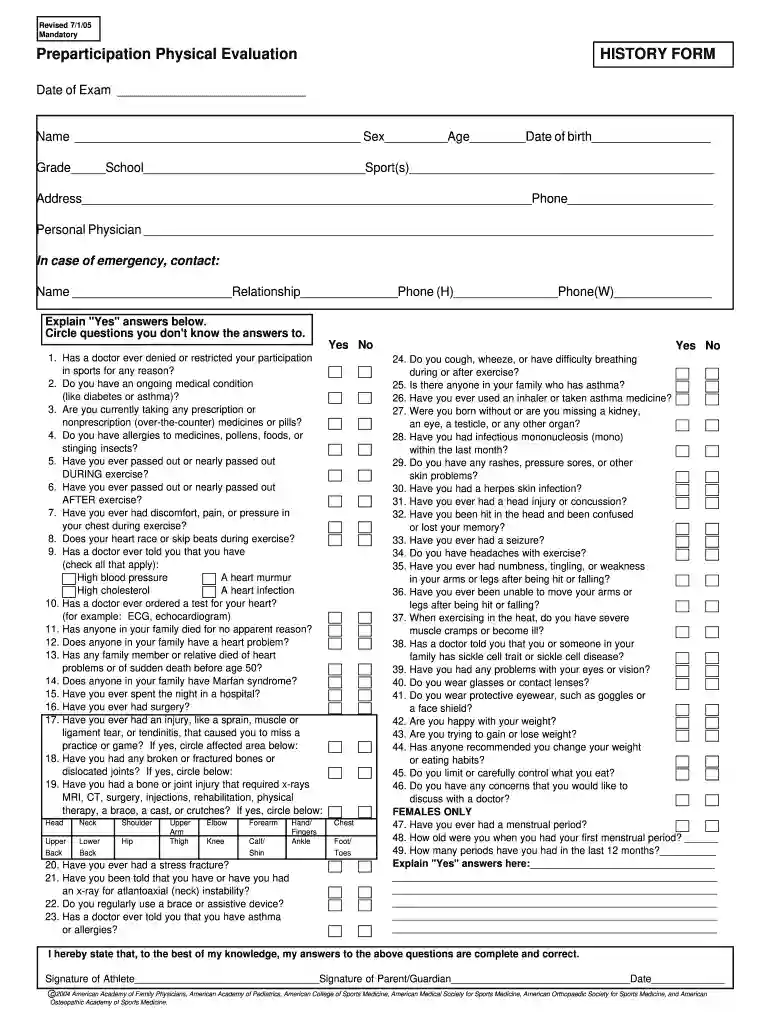 preparticipation physical evaluation form pdf Preview on Page 1