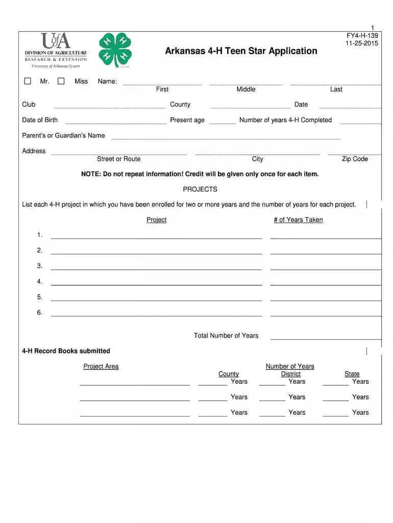 Arkansas 4-H Teen bStar Applicationb - University of Arkansas bb - uaex Preview on Page 1