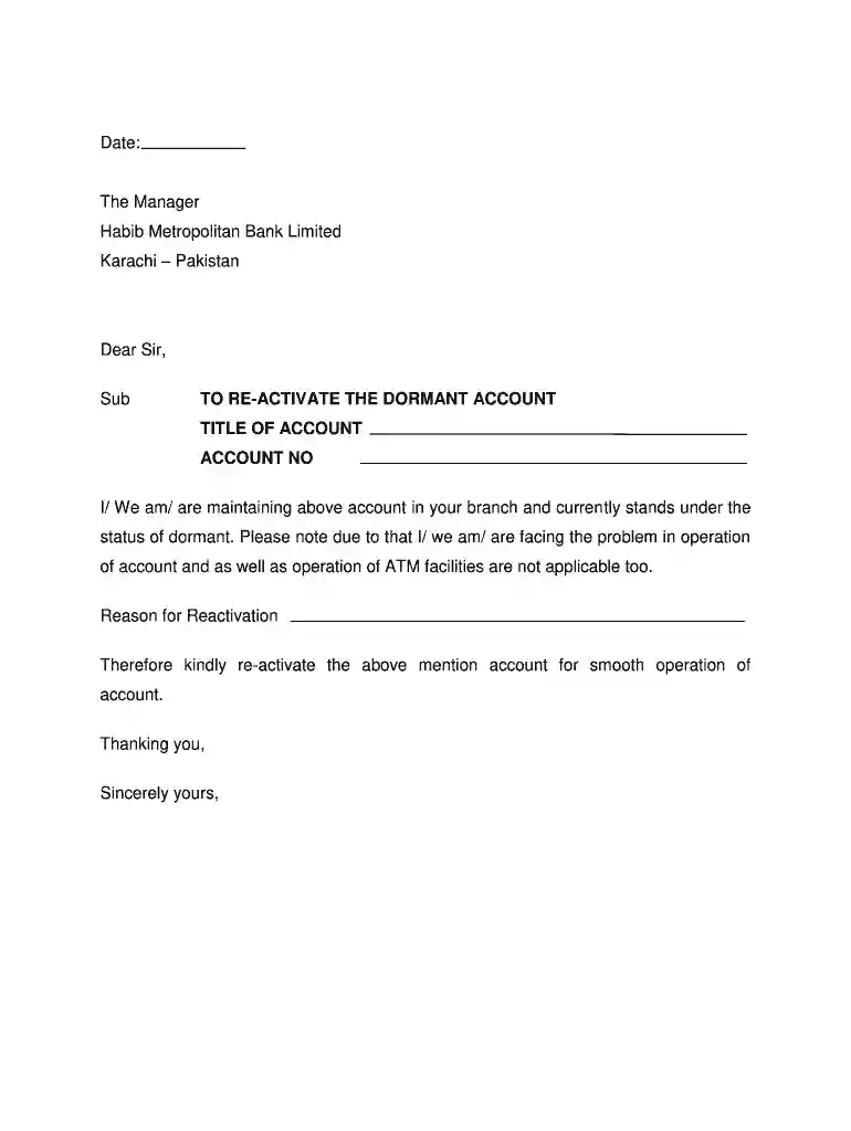 request bank account reactivation letter sample Preview on Page 1