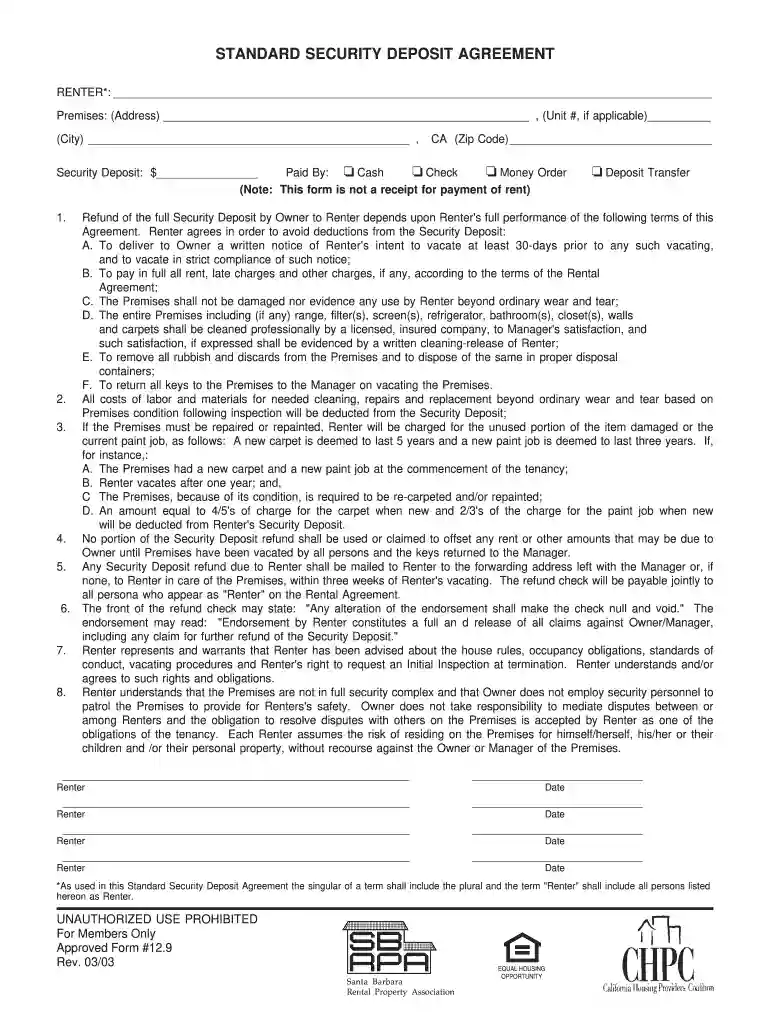 security deposit agreement form Preview on Page 1