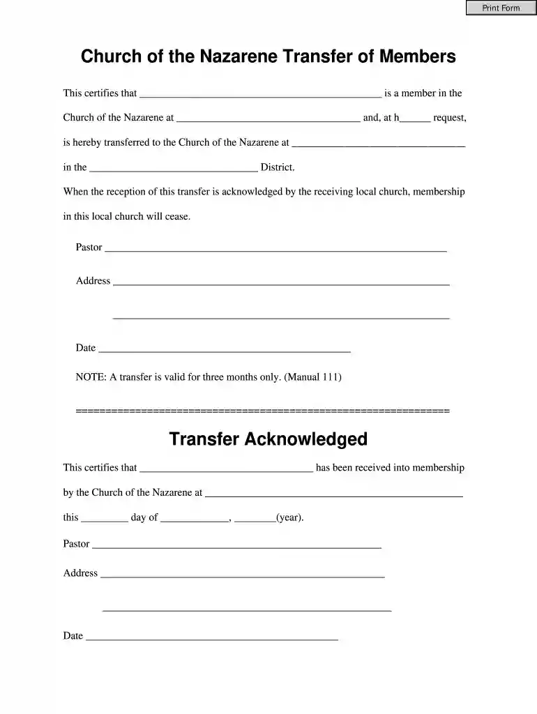 baptist church letter of transfer Preview on Page 1