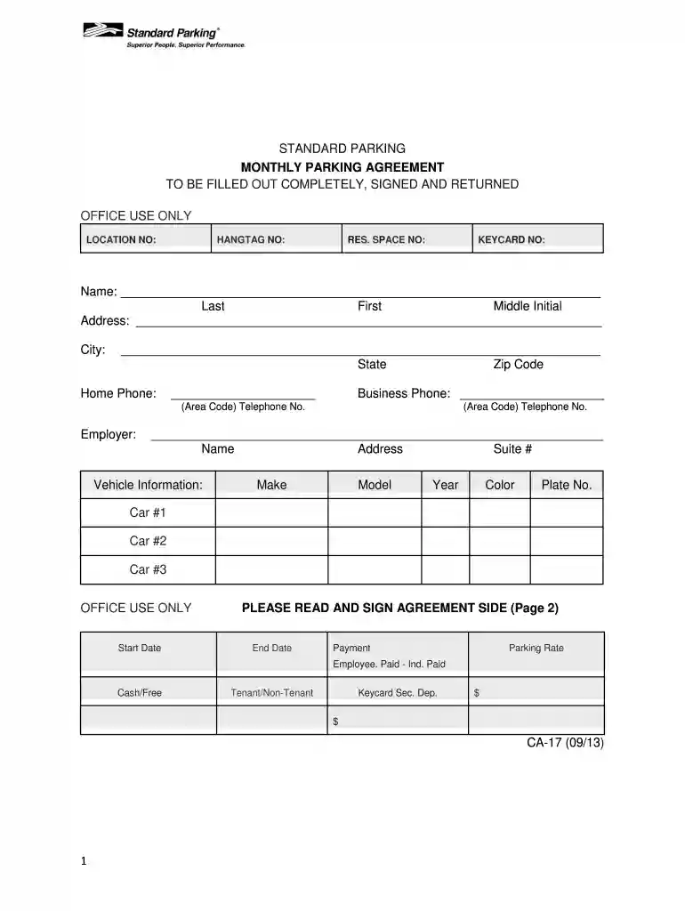 parking agreement form Preview on Page 1