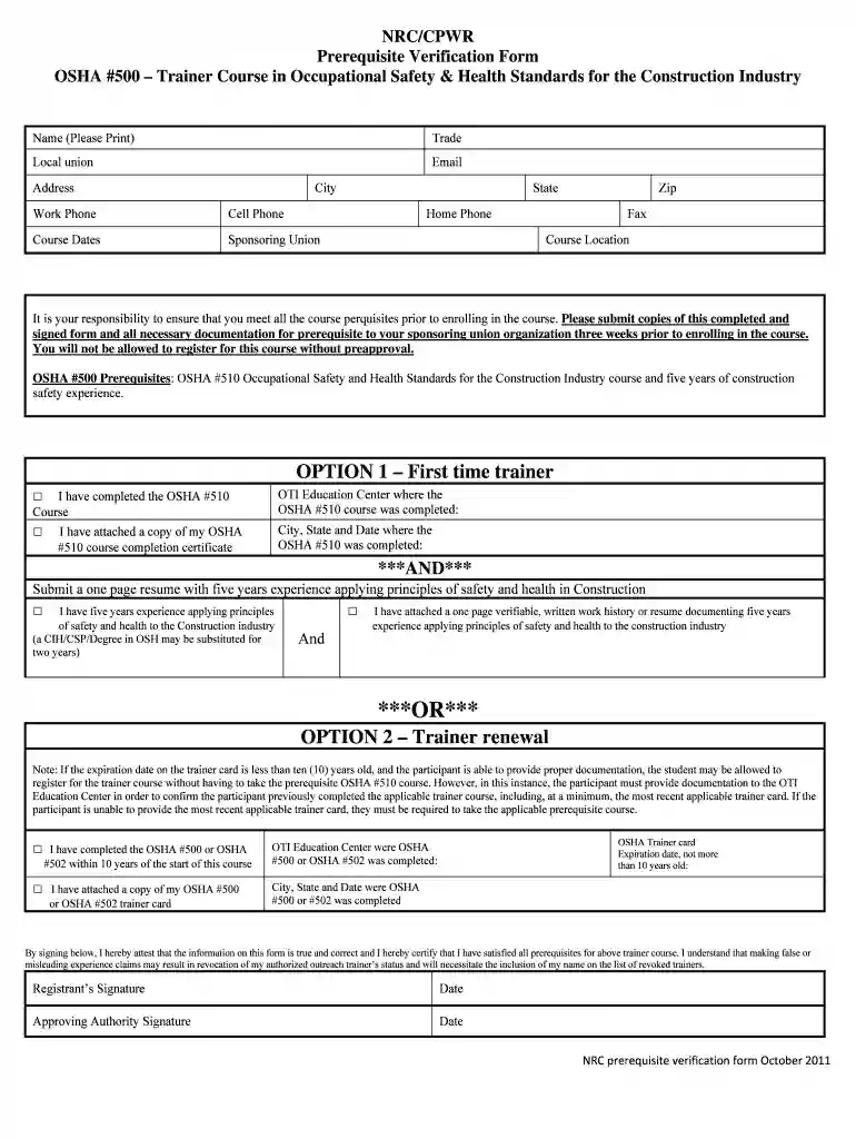 NRC CPWR Prerequisite Verification Form OSHA #500 Trainer Course in Occupational Safety andamp Preview on Page 1