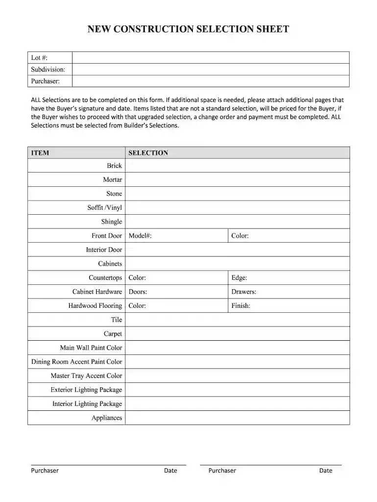 custom home selection sheet template Preview on Page 1
