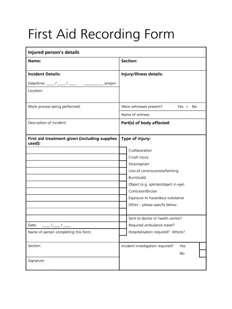 First Aid Recording Form - SafeWork SA Preview on Page 1