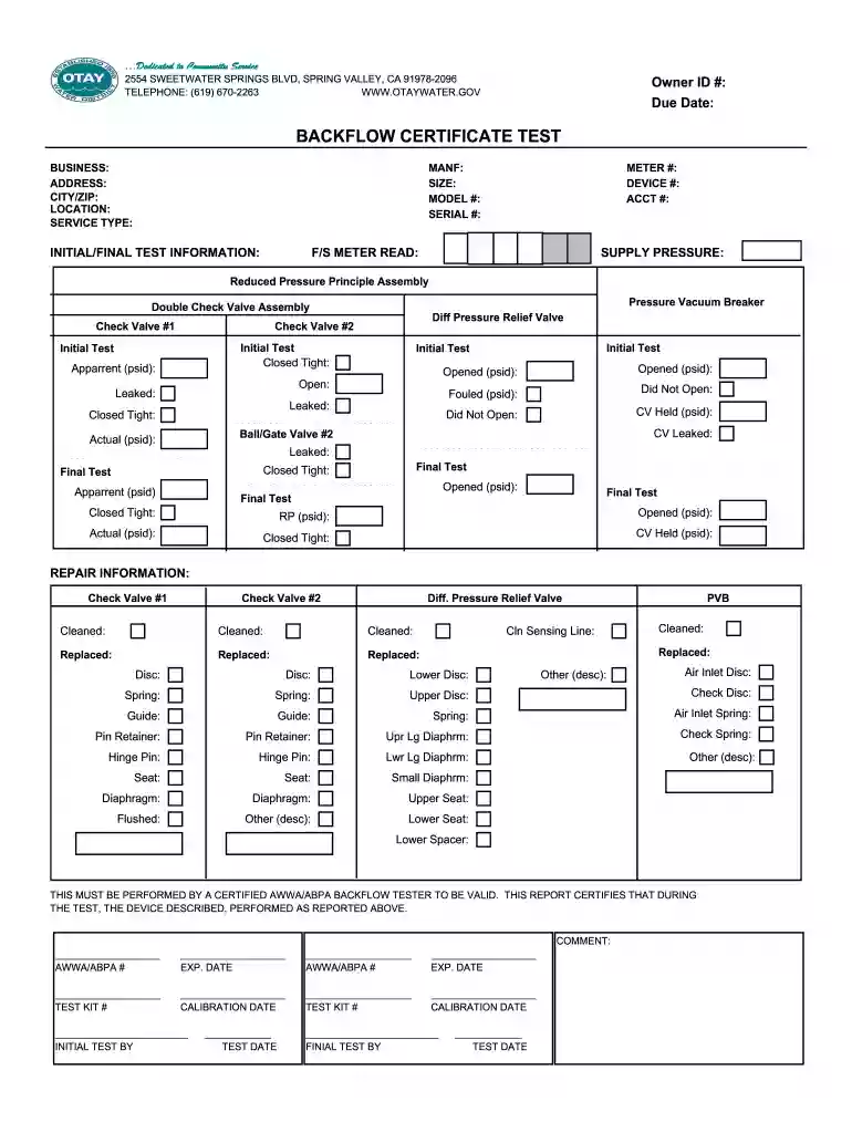 backflow test form Preview on Page 1
