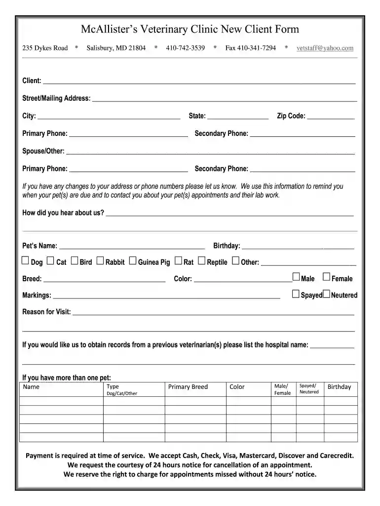 veterinary new client form template Preview on Page 1