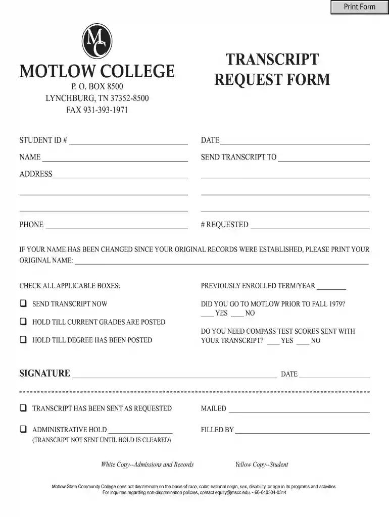 motlow state community college transcript request Preview on Page 1