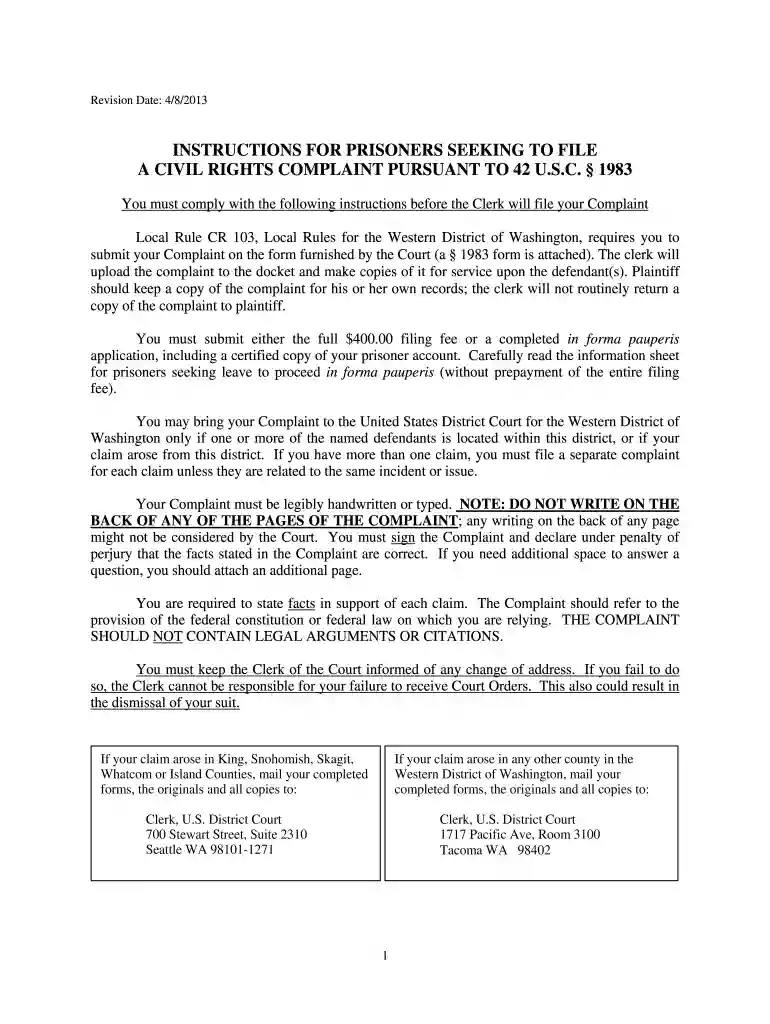 1983 civil rights complaint form Preview on Page 1