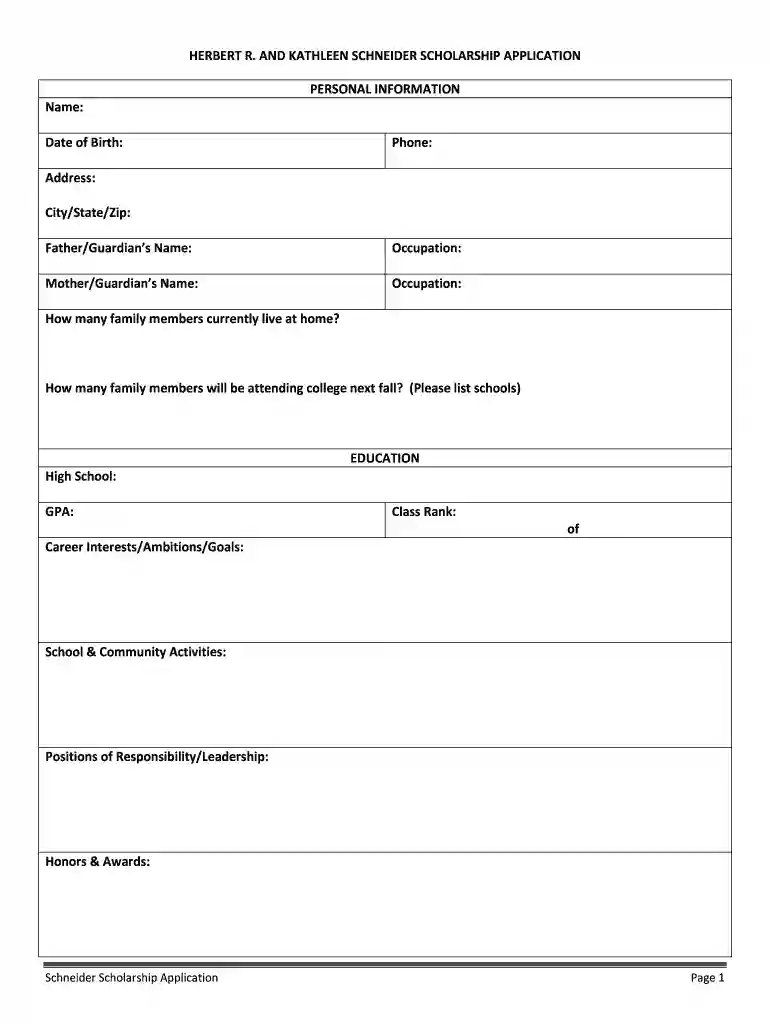 herbert r and katheleen schneider scholorship application Preview on Page 1