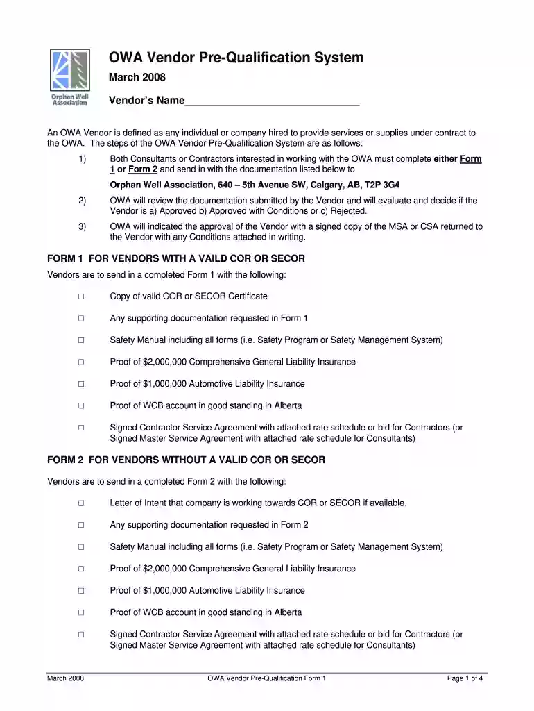 OWA Vendor PreQualification System - orphanwell Preview on Page 1