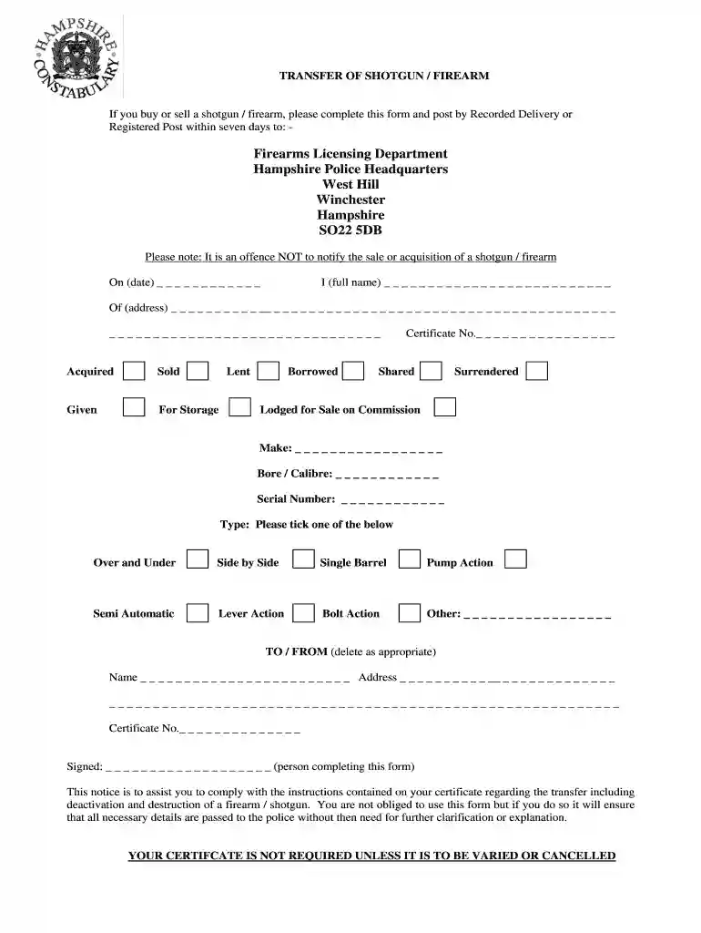 hampshire firearms transfer form Preview on Page 1