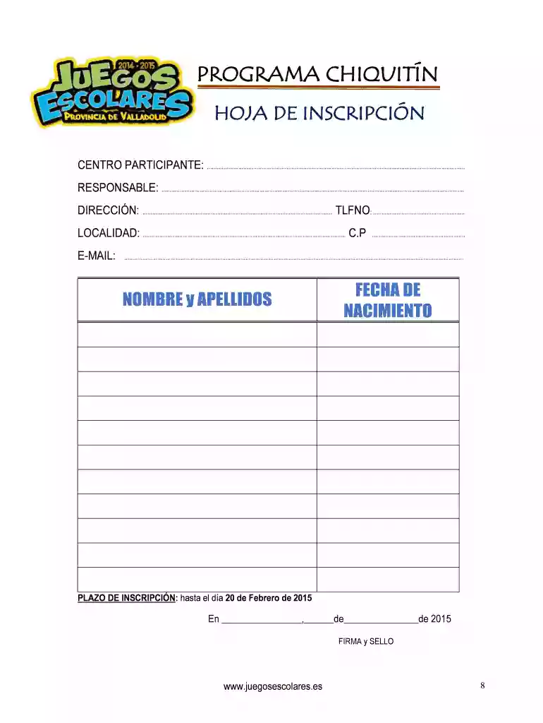 Restablecer formulario Imprimir formulario PROGRAMA CHIQUITN HOJA DE INSCRIPCIN CENTRO PARTICIPANTE: Vista previa en la página 1