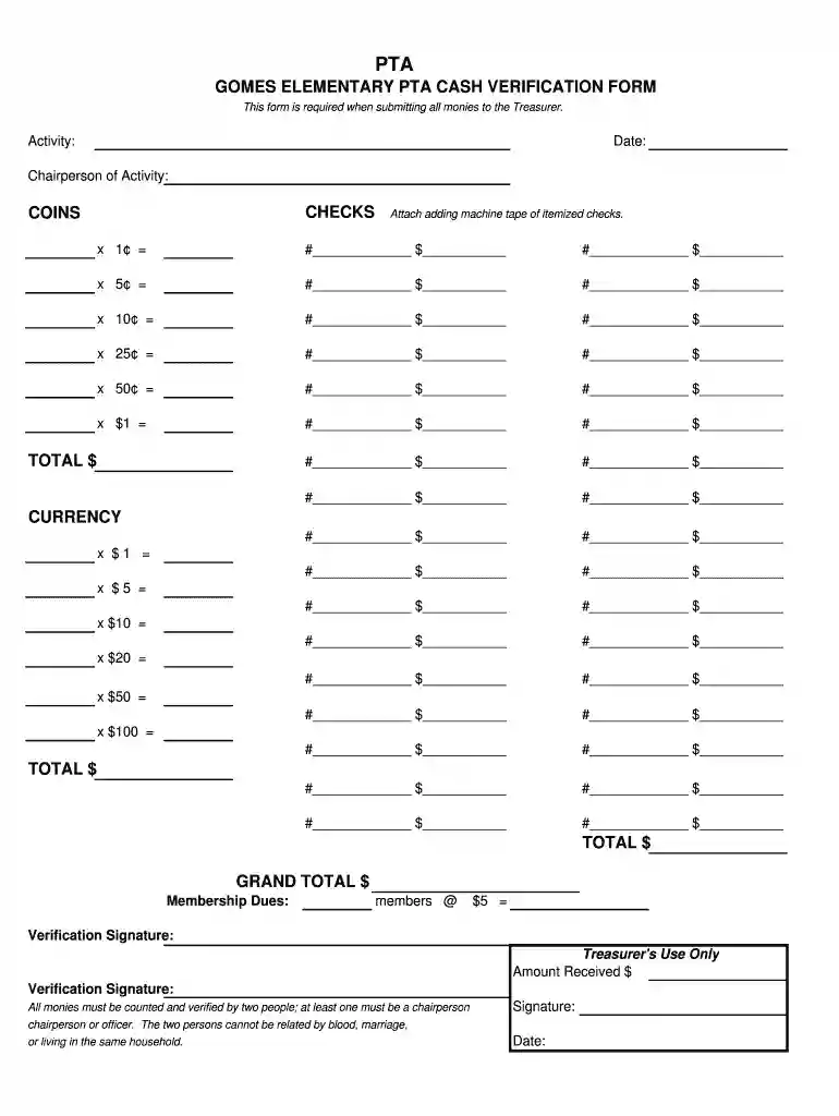 pta cash verification form Preview on Page 1