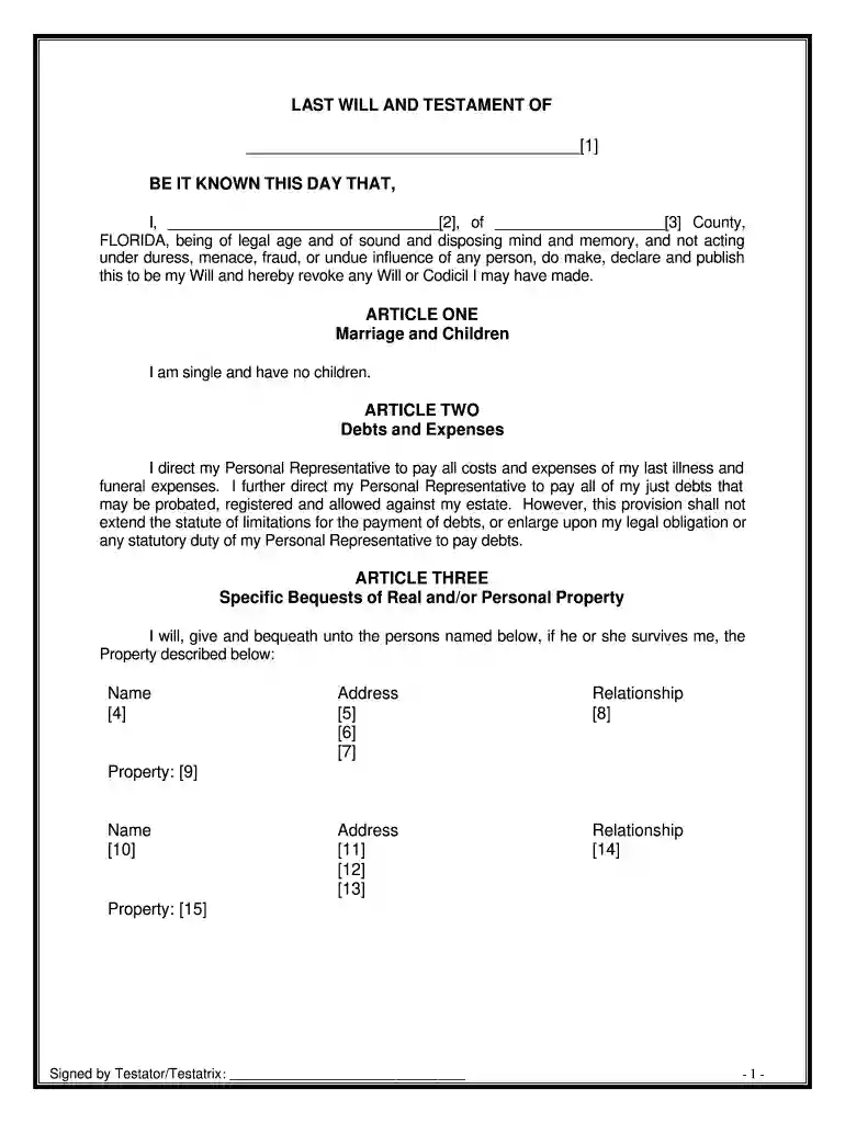 last will and testament template florida Preview on Page 1