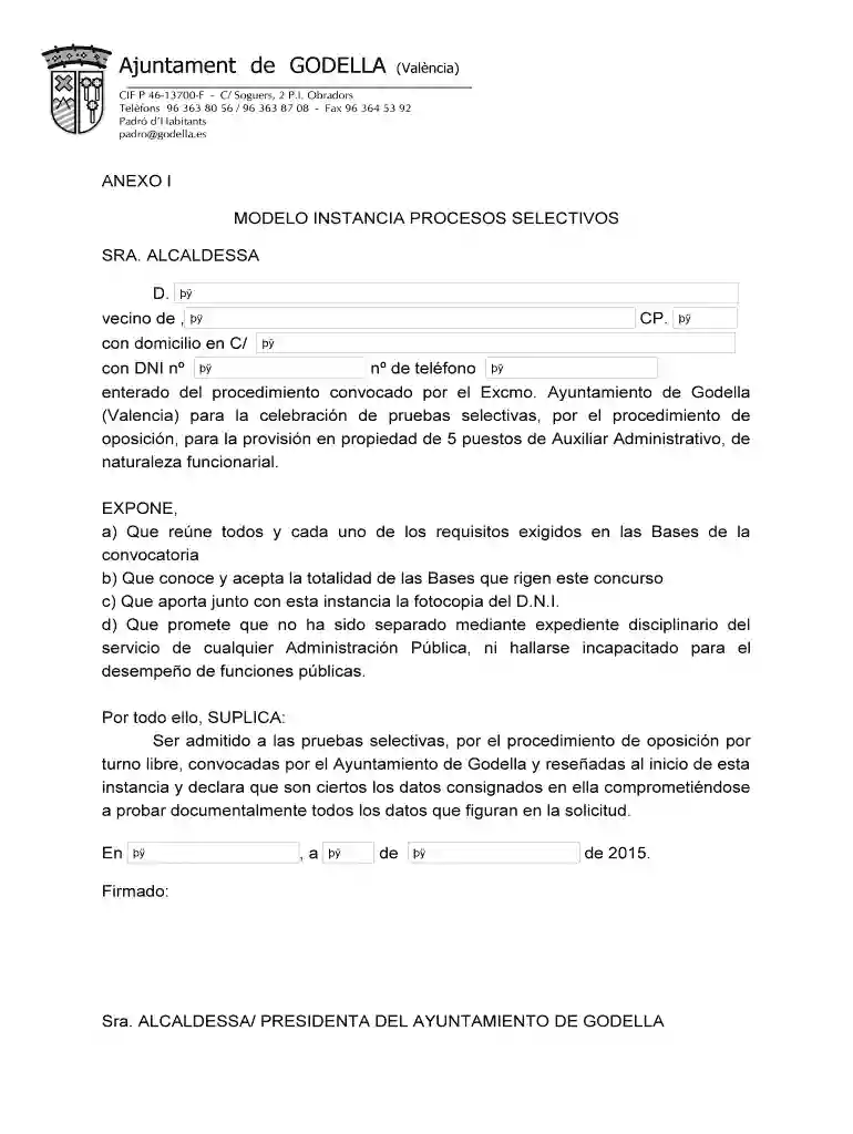 Instancia Formulario Auxiliar Administrativo - Ajuntament de Godella Vista previa en la página 1