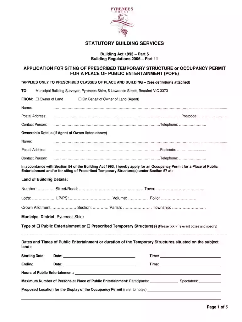 Place of Public Entertainment (POPE) Application - Pyrenees Shire - pyrenees vic gov Preview on Page 1