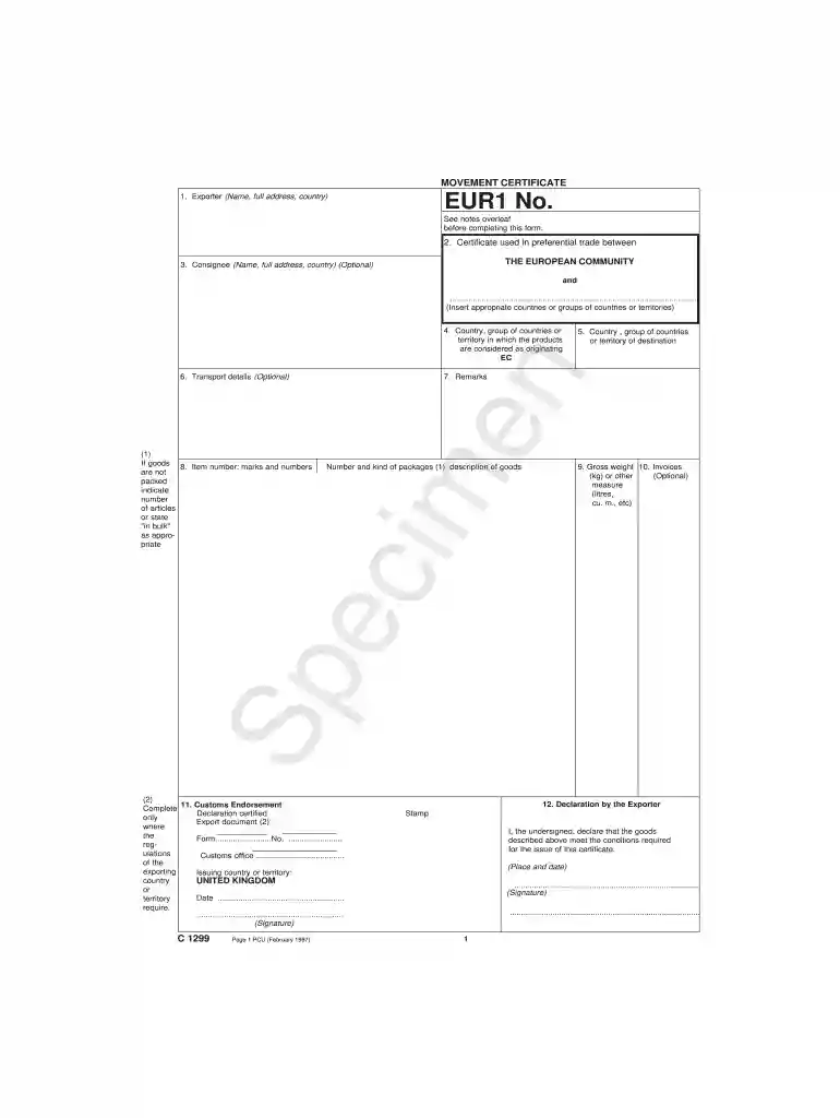 eur 1 certificate template word Preview on Page 1