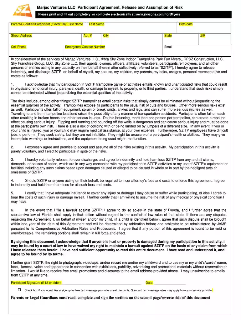 sky zone waiver form Preview on Page 1