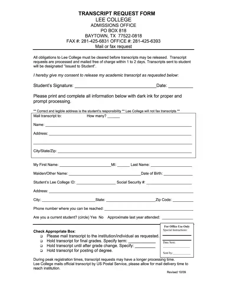 lee college transcript request Preview on Page 1