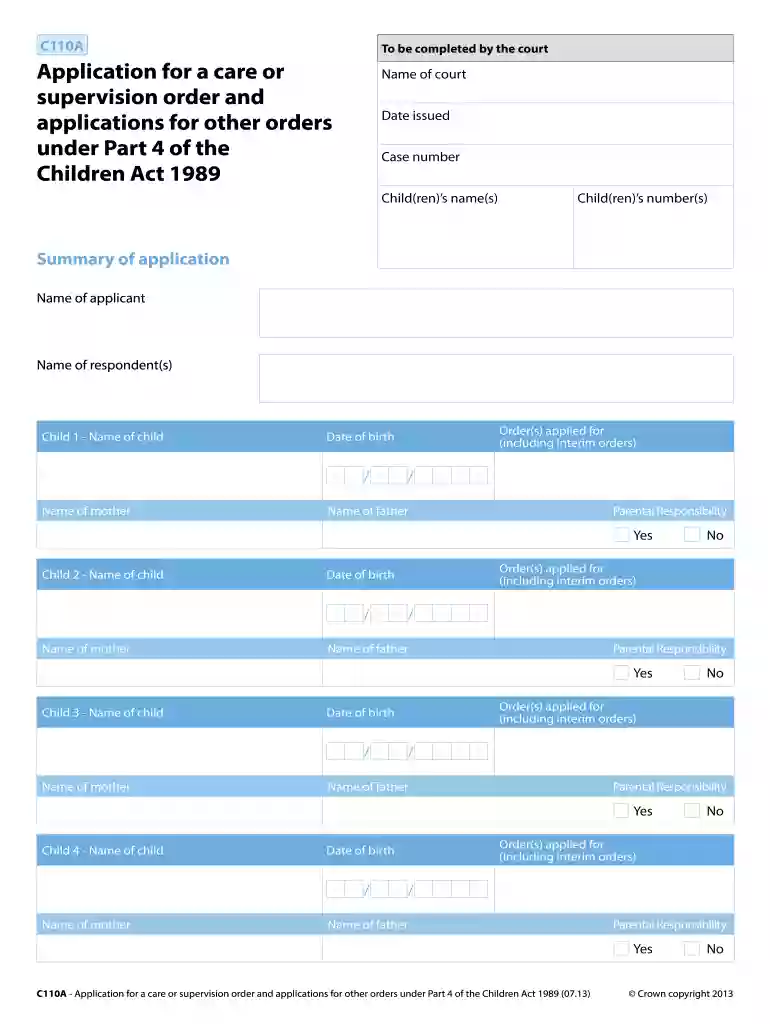 discharge of care order application form c110a Preview on Page 1