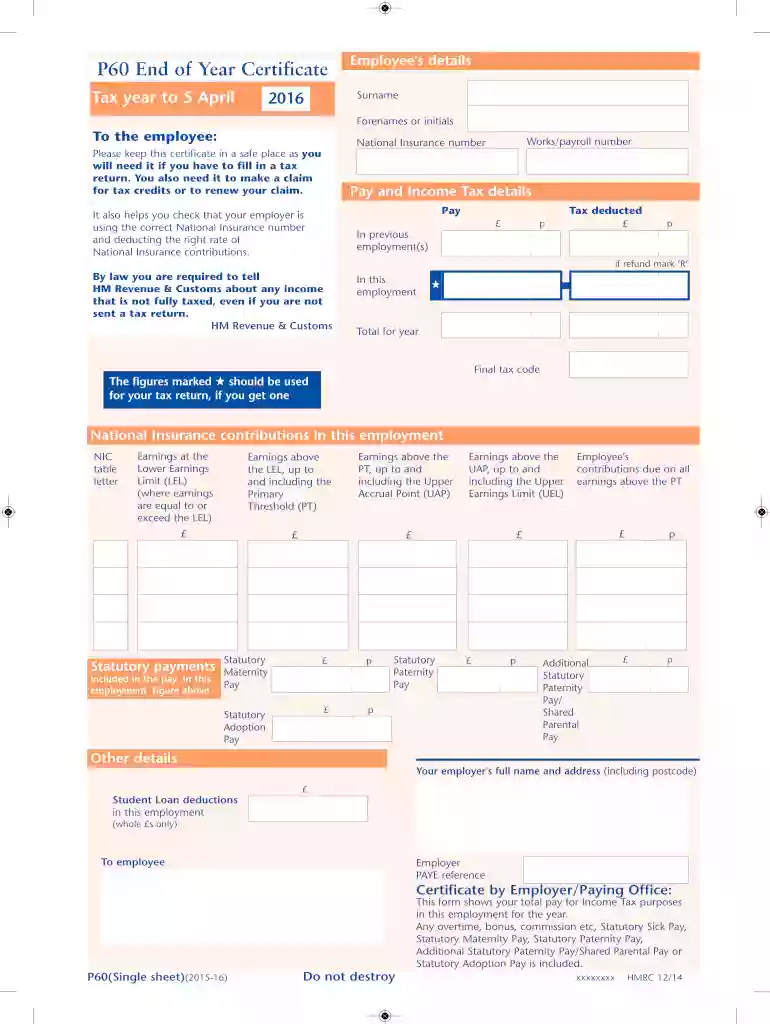 P60 single sheet 2015 to 2016 P60 single sheet 2015 to 2016 Preview on Page 1
