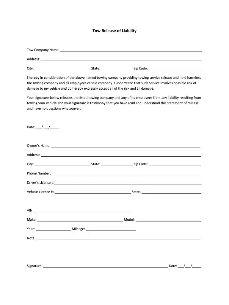 towing damage waiver form template Preview on Page 1