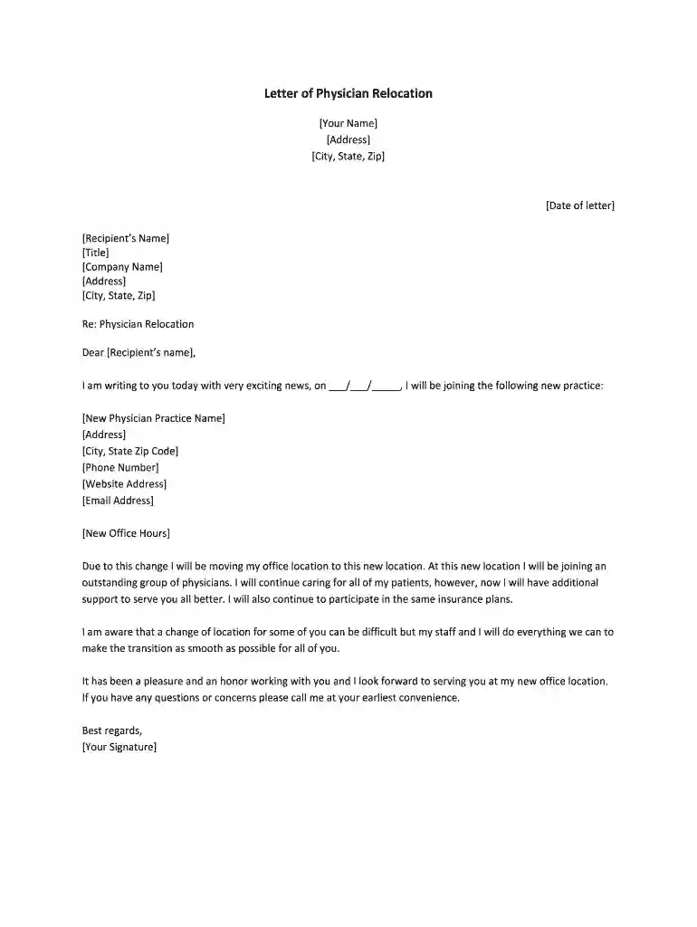 Letter of Physician Relocation - Free Links Preview on Page 1