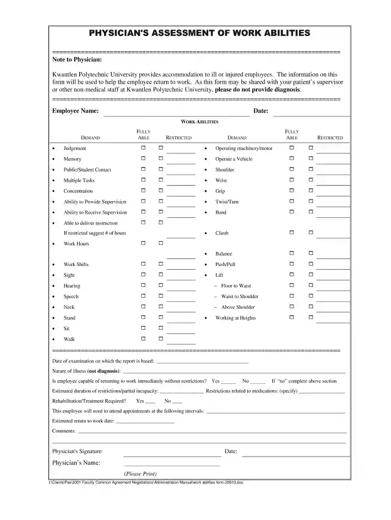 Physician's Assessment of Work Abilities Form - Kwantlen Preview on Page 1