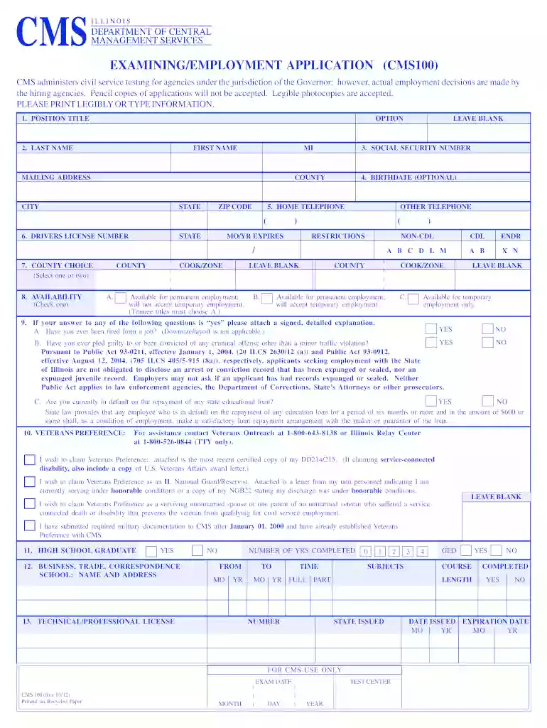 cms 100 form Preview on Page 1