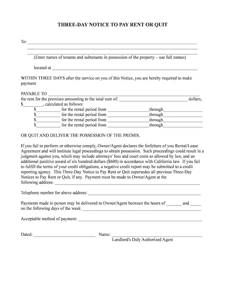 notice pay rent quit form Preview on Page 1