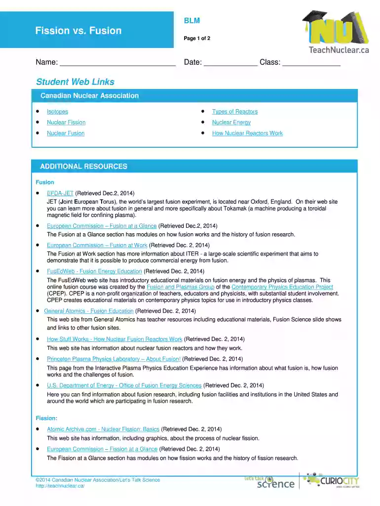 BLM - Fission vs Fusion Student links - Teach Nuclear - teachnuclear Preview on Page 1