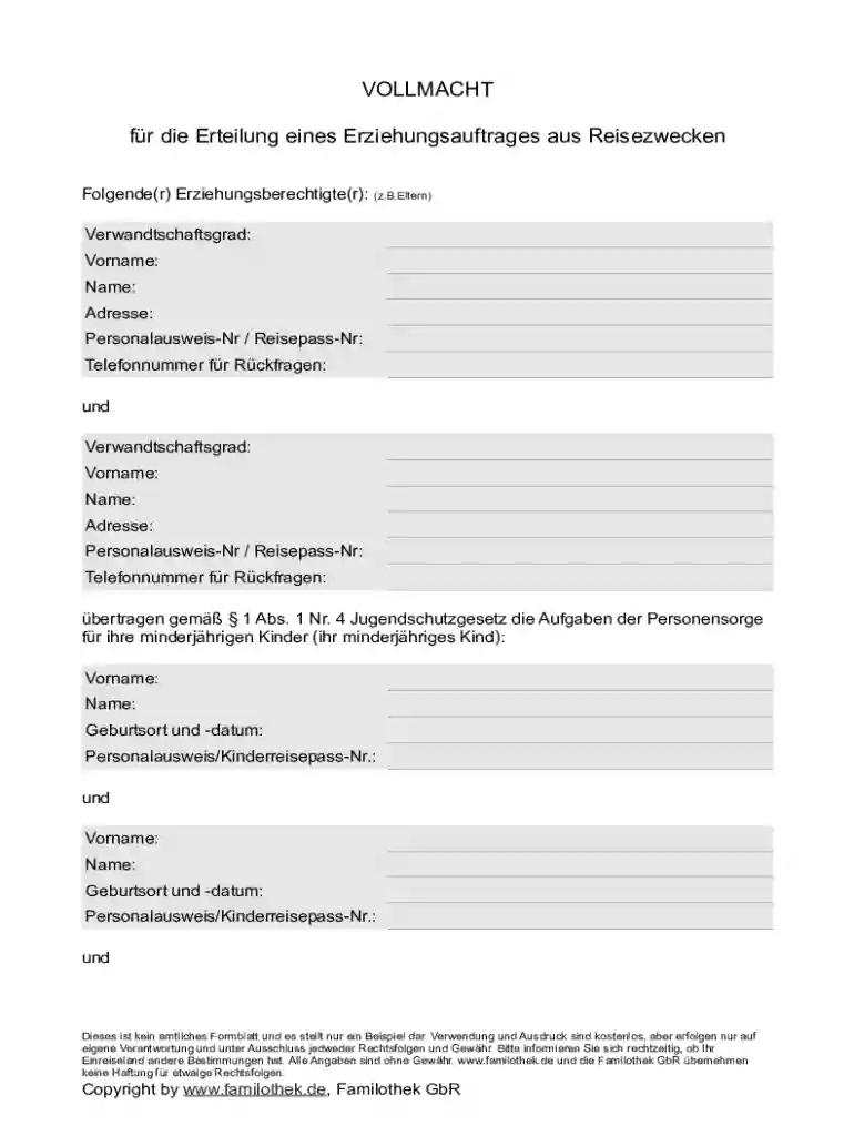 vollmacht für die erteilung eines erziehungsauftrages aus reisezwecken Preview on Page 1