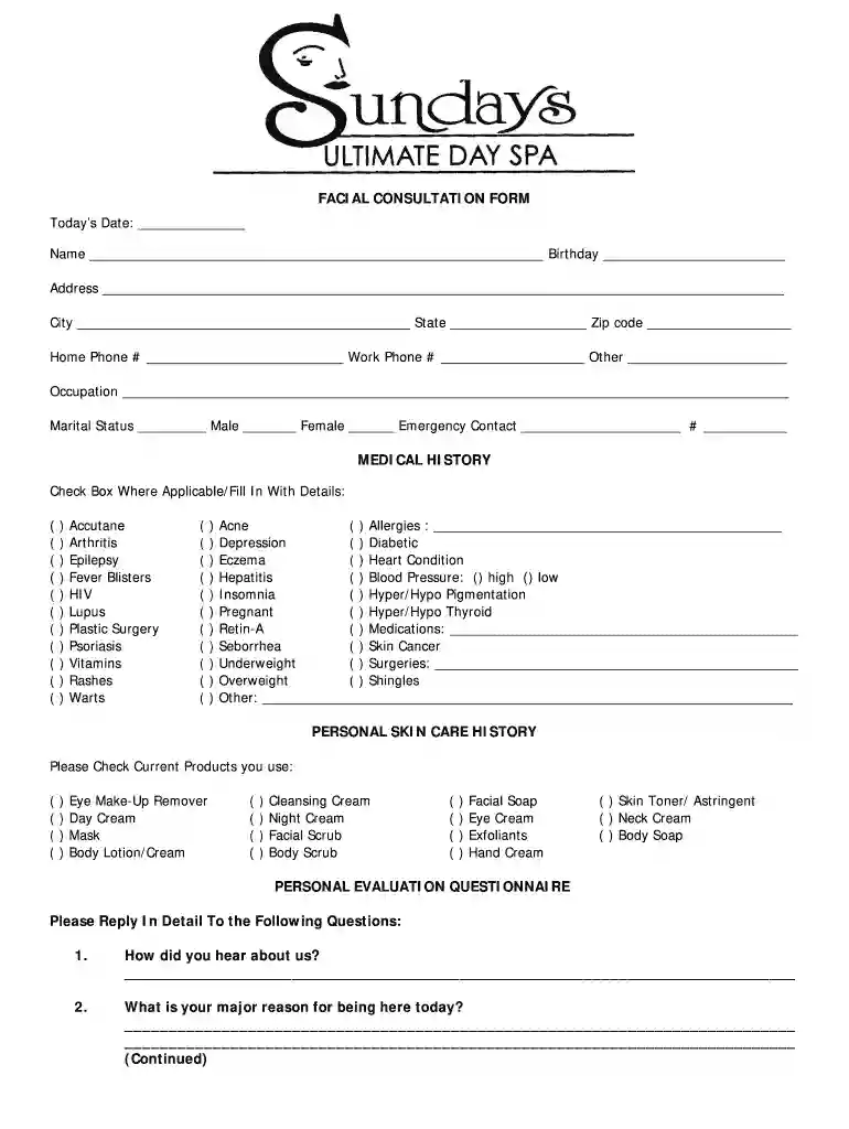 free facial consultation form Preview on Page 1