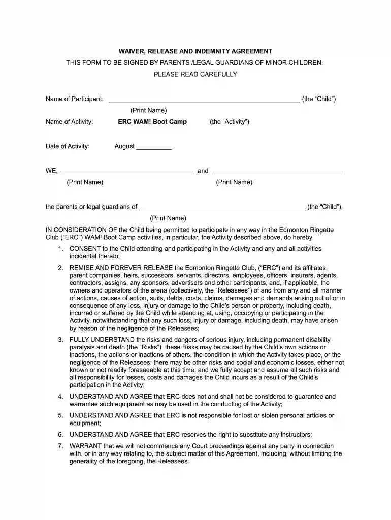free camp waiver template Preview on Page 1