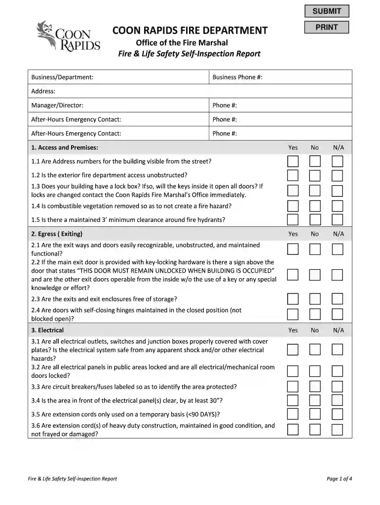 Fire Life Safety Self Inspection Form - Coon Rapids, Minnesota Preview on Page 1