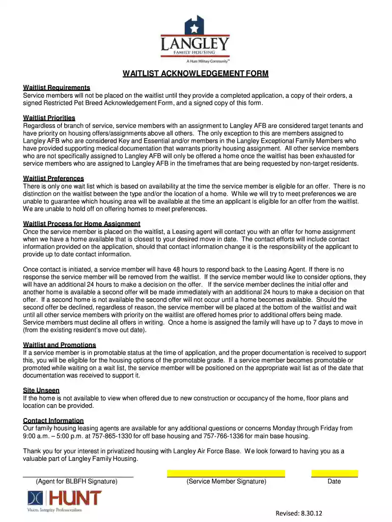 12 WAITLIST ACKNOWLEDGEMENT FORM 83012 Preview on Page 1
