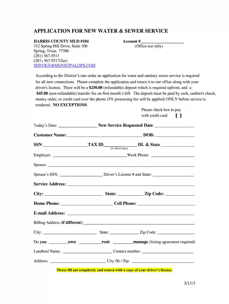 2013 Water and Sewer Service Application Preview on Page 1