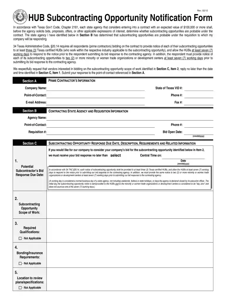 HUB Subcontracting Opportunity Notification Form - window state tx Preview on Page 1
