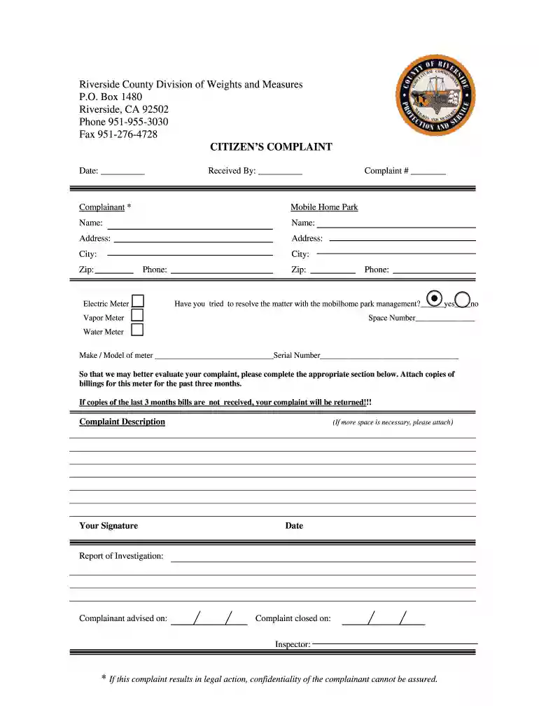 Mobile Home Utility Complaint Form - Rivcoag.org Preview on Page 1