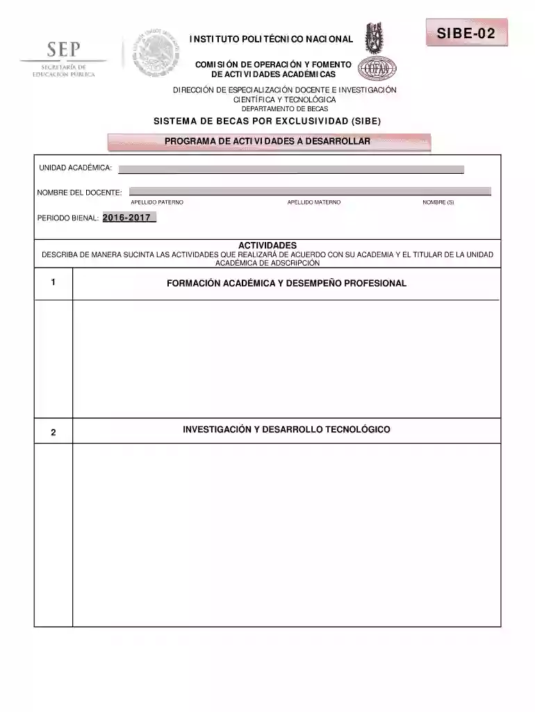 sistema de becas por exclusividad (sibe) programa de actividades a desarrollar instituto politcnico Vista previa en la página 1