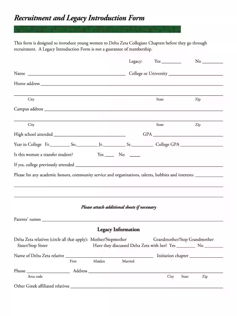 delta zeta recommendation form Preview on Page 1