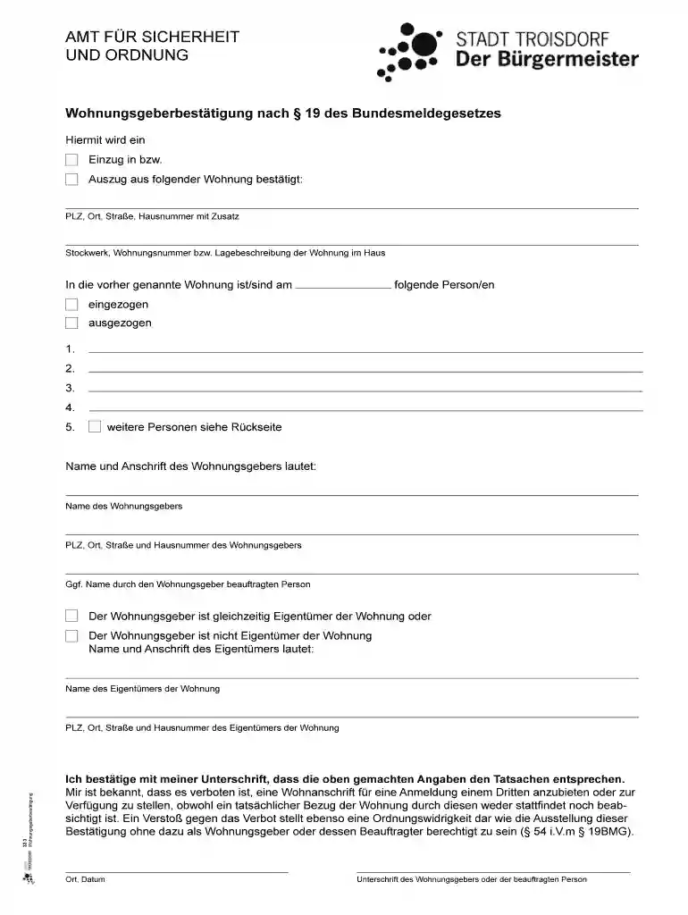 Wohnungsgeberbest tigung nach 19 des Bundesmeldegesetzes Preview on Page 1