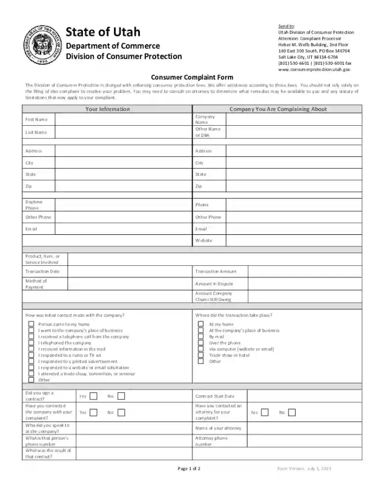 state of utah consumer complaint form Preview on Page 1