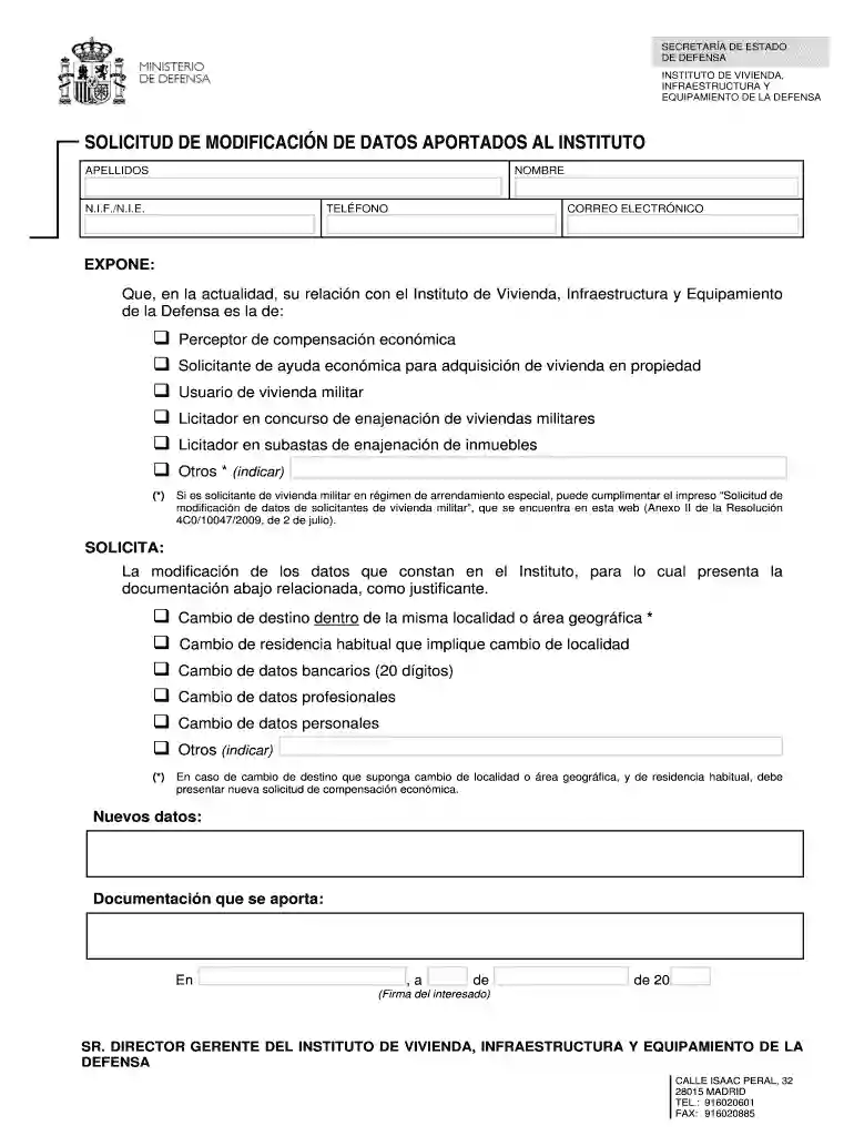 Impreso de solicitud de modificacin de datos aportados al Instituto Vista previa en la página 1
